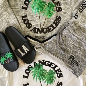 Victoria’s Secret PINK BLING Los Angeles Hoodie Jacket Shirt Shorts Slides L NWT